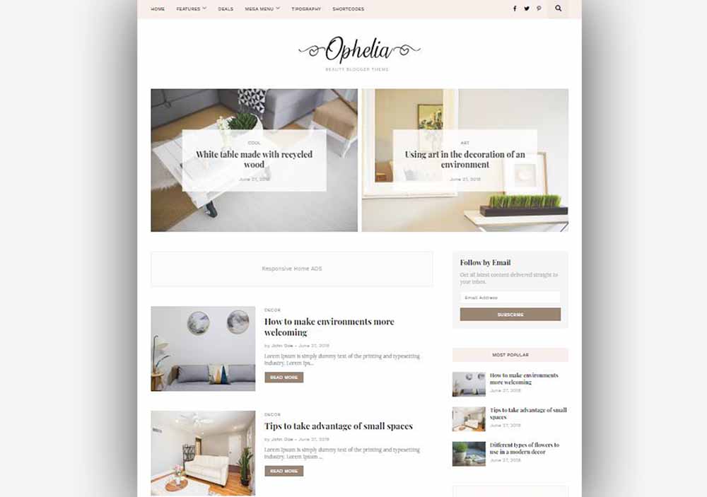 Ophelia Blogger Template For Beauty Health Website